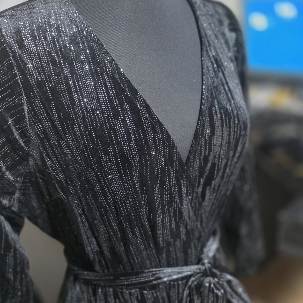 Black Shine Velvet Faux Wrap Dress Size 2 NWOT image 6